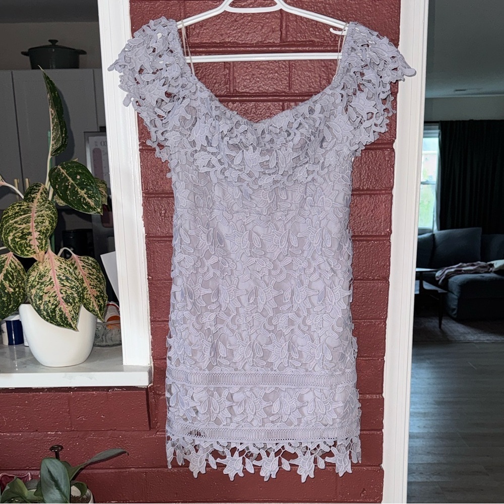 Astr Bardot Lavender Lace Off-Shoulder Mini Dress NWT Medium